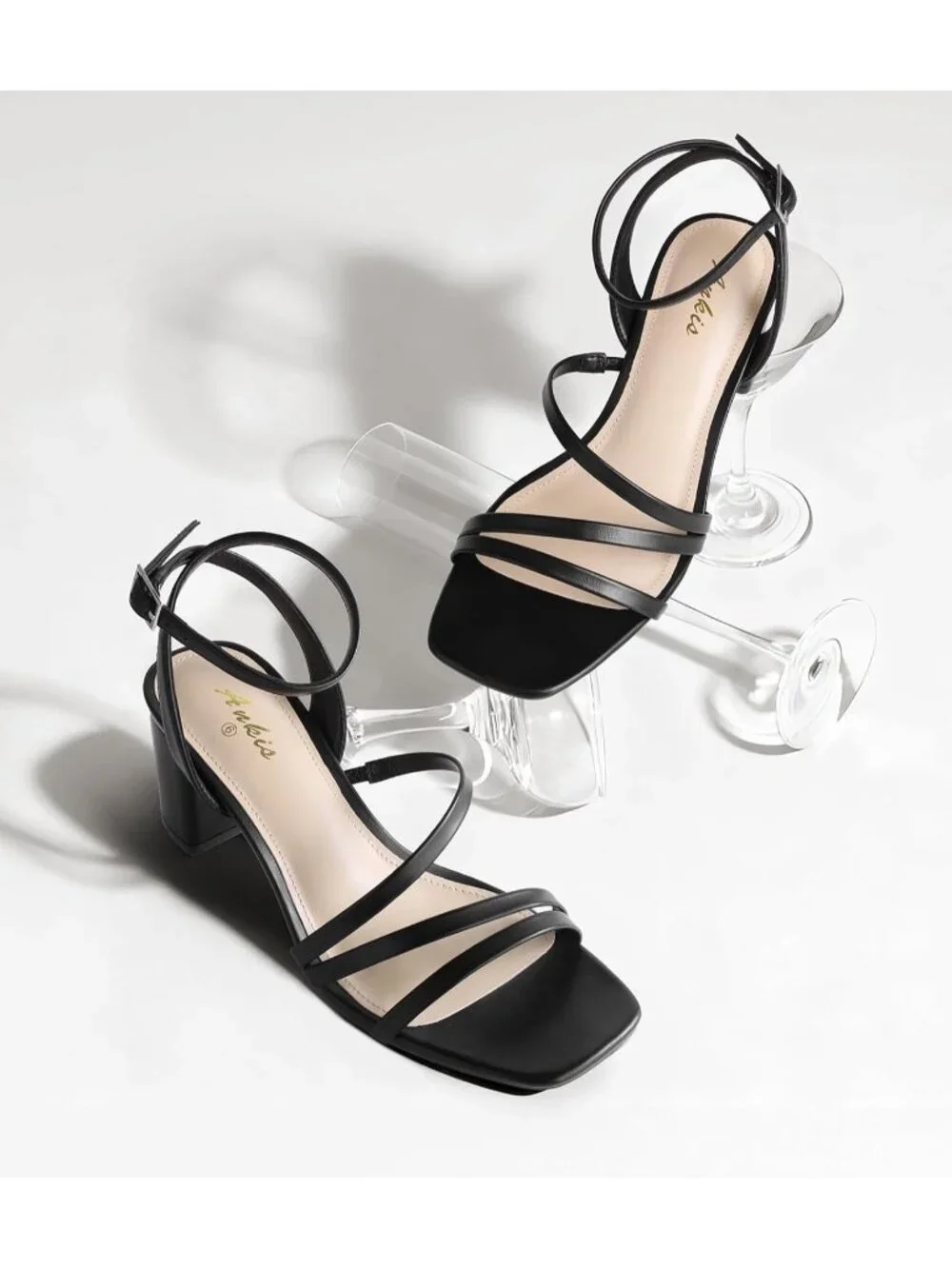 Women's Black Adjustable Buckle Strap Square Open Toe Chunky Dressy Block Heels